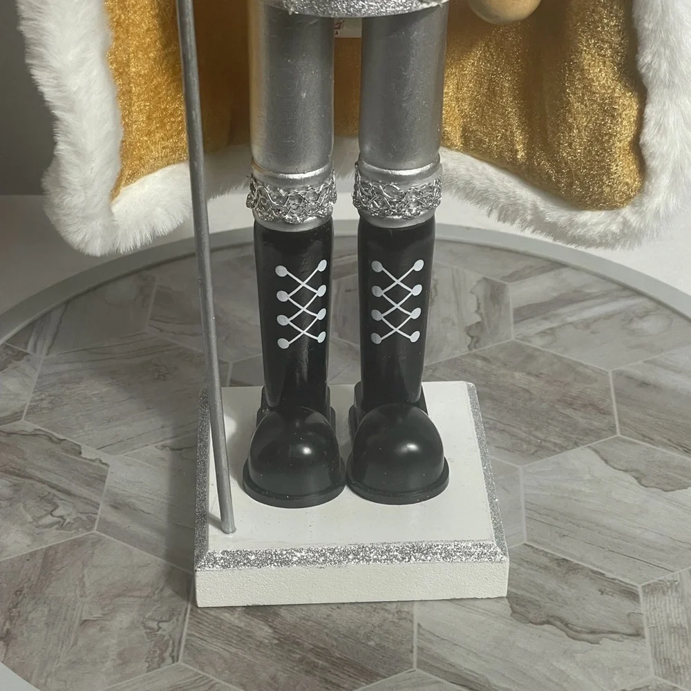 White Silver Gold Faux Fur Nutcracker King 15 Inch Christmas Decor Figurine